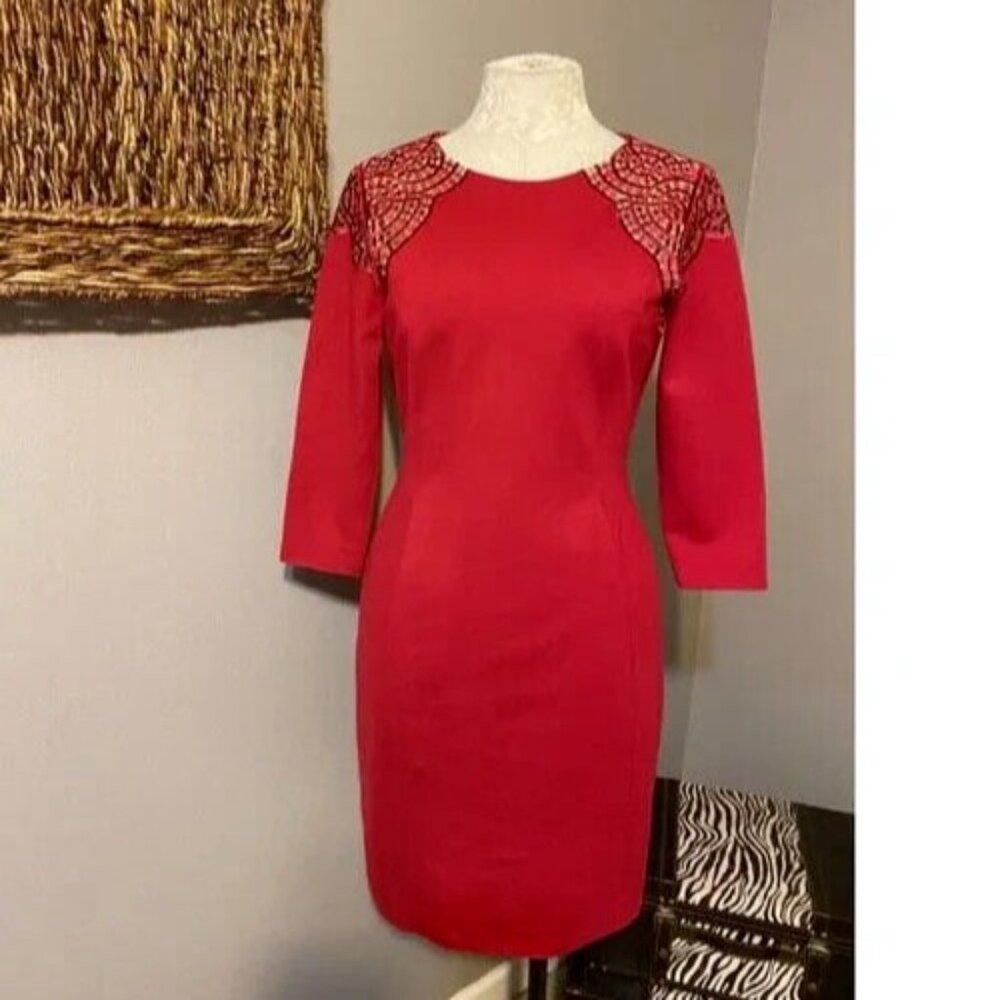 Antonio Melani Dress Red 6 Small Career Church Stretch 3/4 Long Sleeve Sheath - Picture 6 of 8